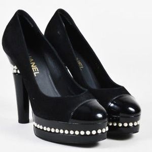 CHANEL suede and patent pumps w pearls 36.5